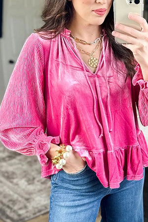 V Neck Velvet Ruffled Cuffs Long Sleeve Top in Hot Pink, front view