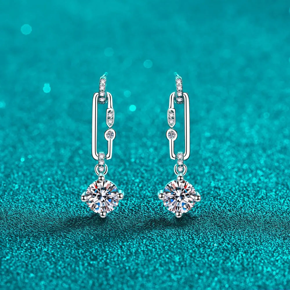 Silver link moissanite drop earrings with dazzling stones and 925 sterling silver.