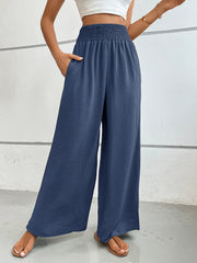 Dusty Blue textured palazzo lounge trousers with smocked waist and pockets.