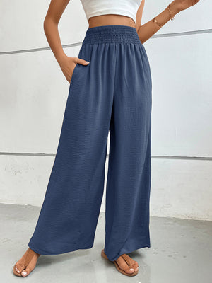 Dusty Blue textured palazzo lounge trousers with smocked waist and pockets.