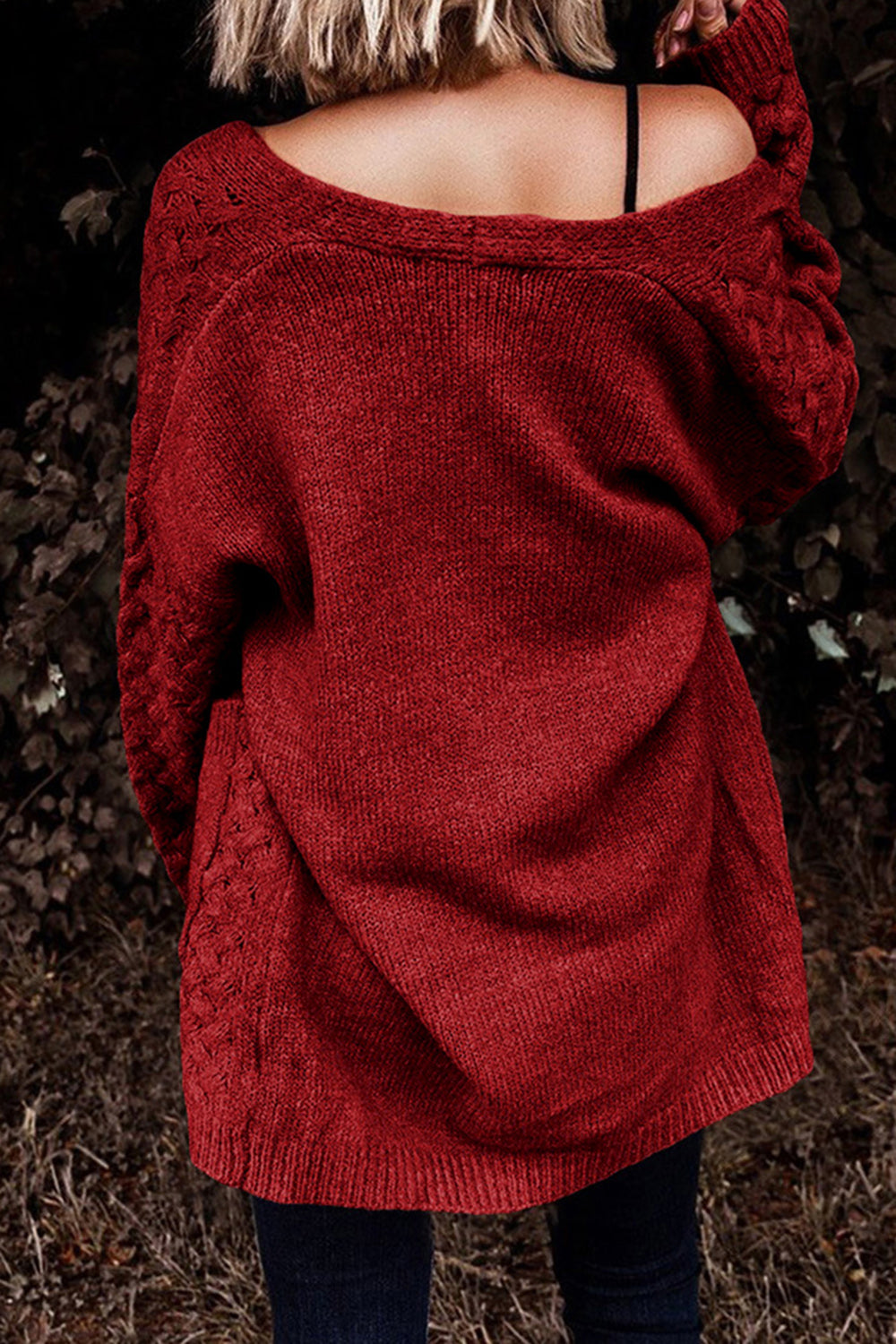 Deep Red open-knit pocket cardigan with cable knit detail on sleeves and sides.