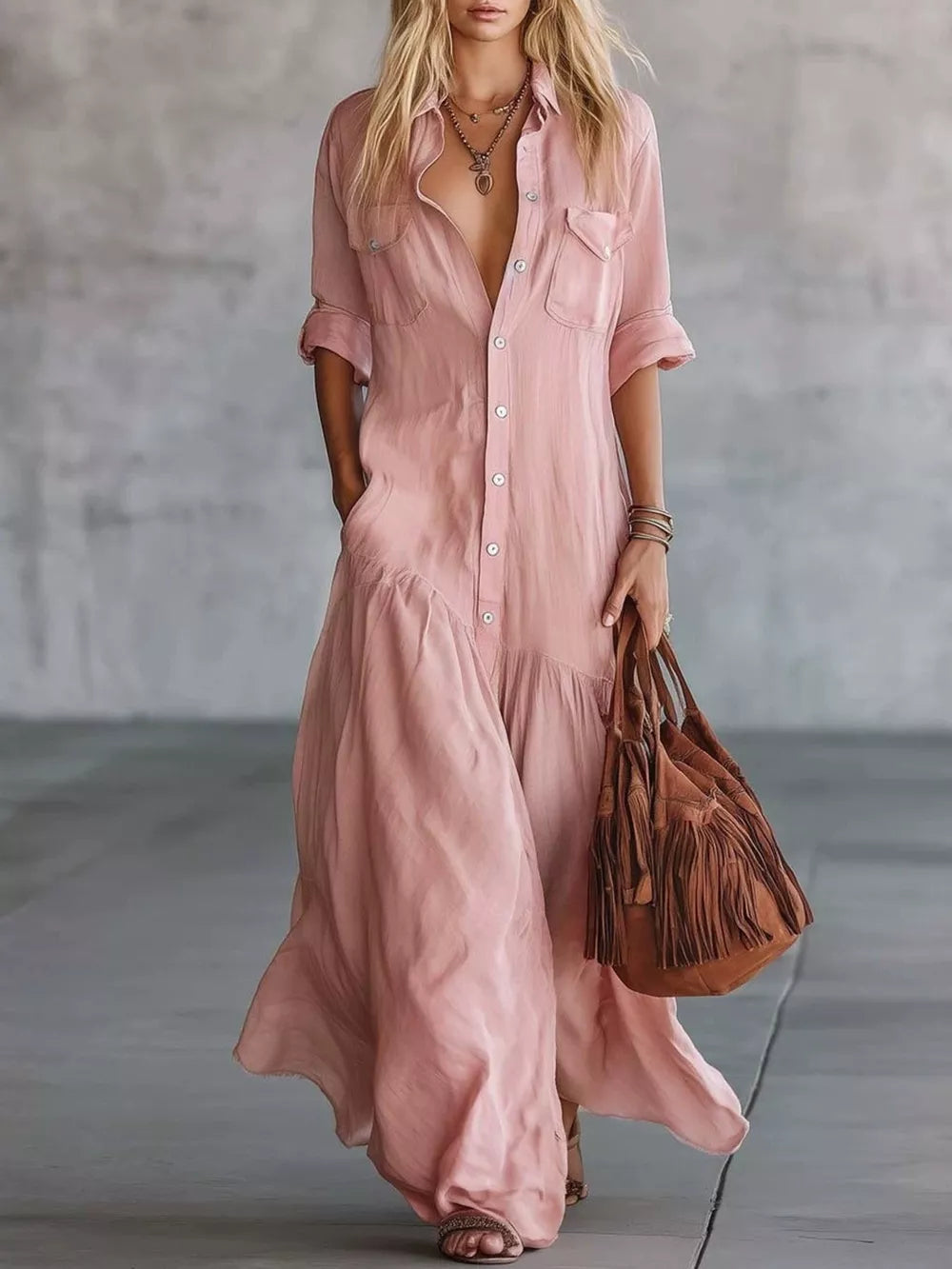 Button Front Roll-up Sleeve Maxi Dress Plus Size in Burgundy, product detail