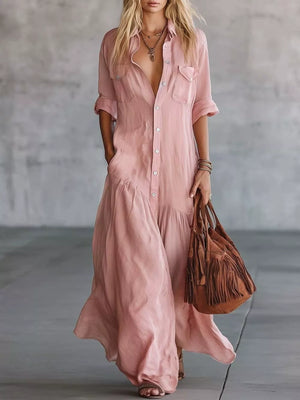Button Front Roll-up Sleeve Maxi Dress Plus Size in Burgundy, product detail