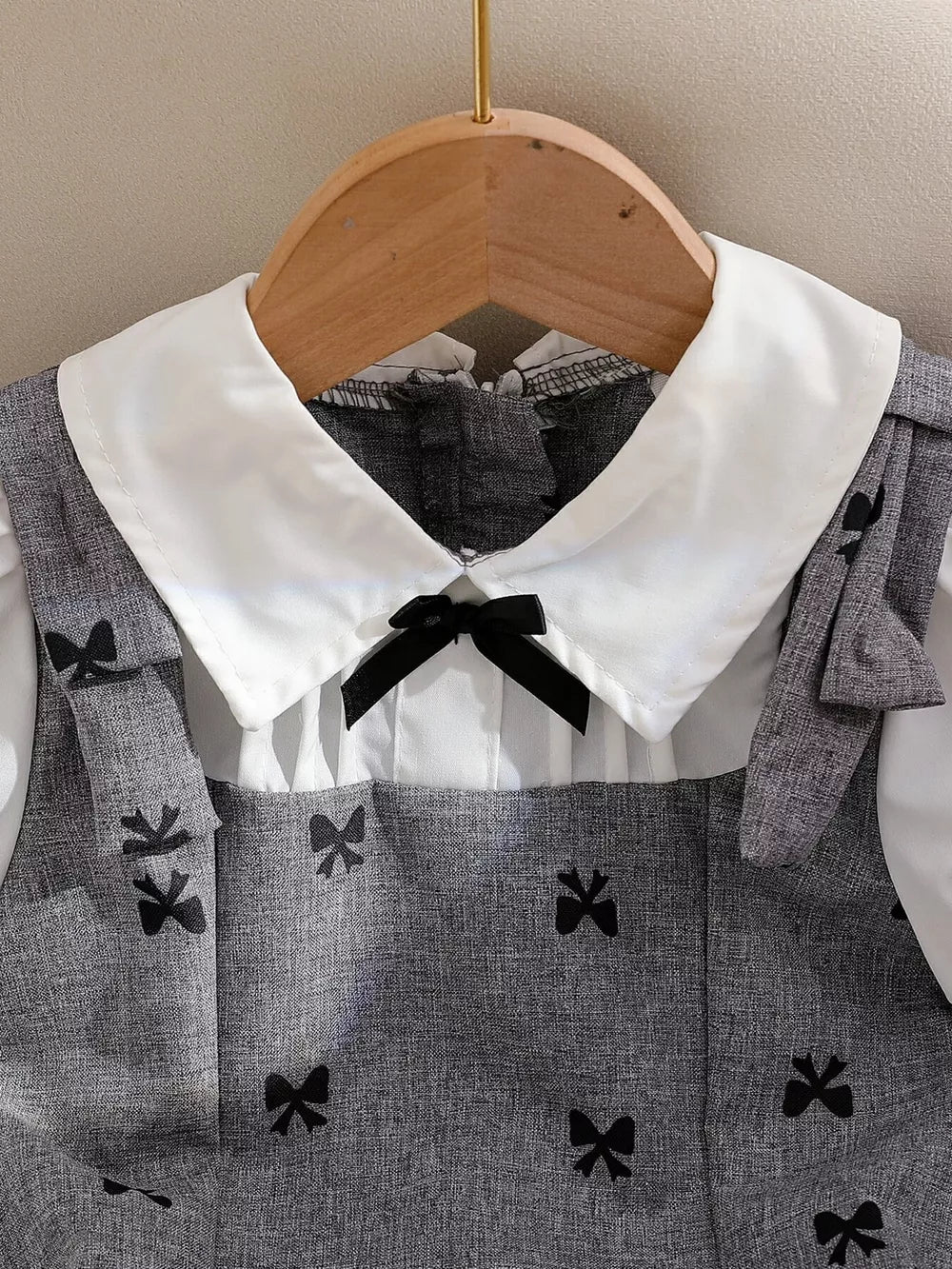 Children's Bow Print Puff Sleeve Dress in Gray, side view