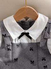 Children's Bow Print Puff Sleeve Dress in Gray, side view