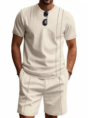 Men's casual waffle-knit two-piece set in beige, crew neck t-shirt and shorts with seam detail.