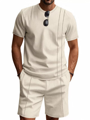 Men's casual waffle-knit two-piece set in beige, crew neck t-shirt and shorts with seam detail.