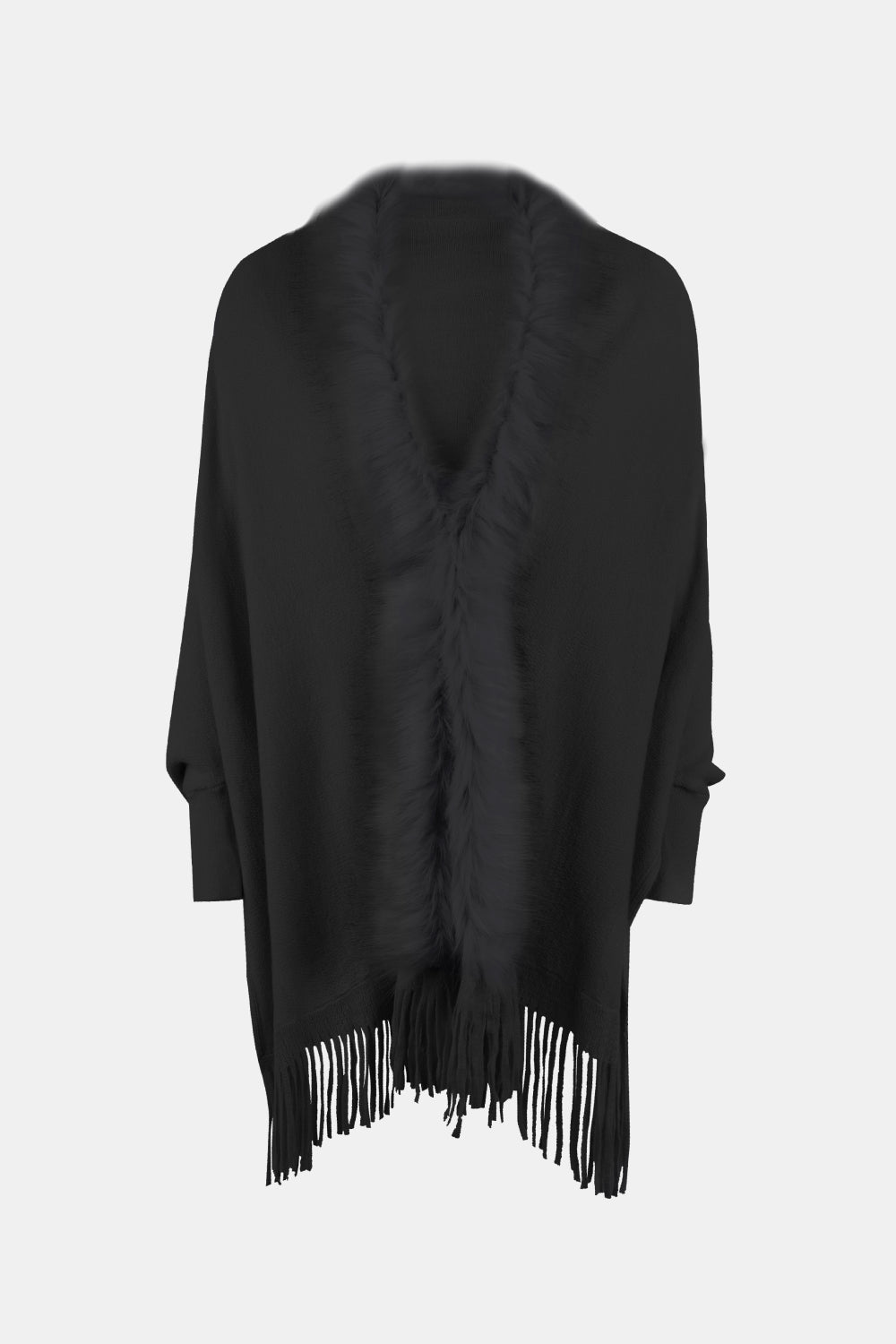 Black faux fur trimmed fringe cape with a V-neck and wide sleeves.