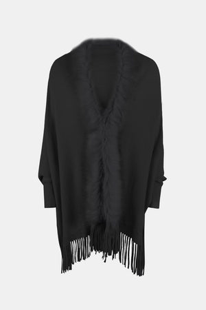 Black faux fur trimmed fringe cape with a V-neck and wide sleeves.