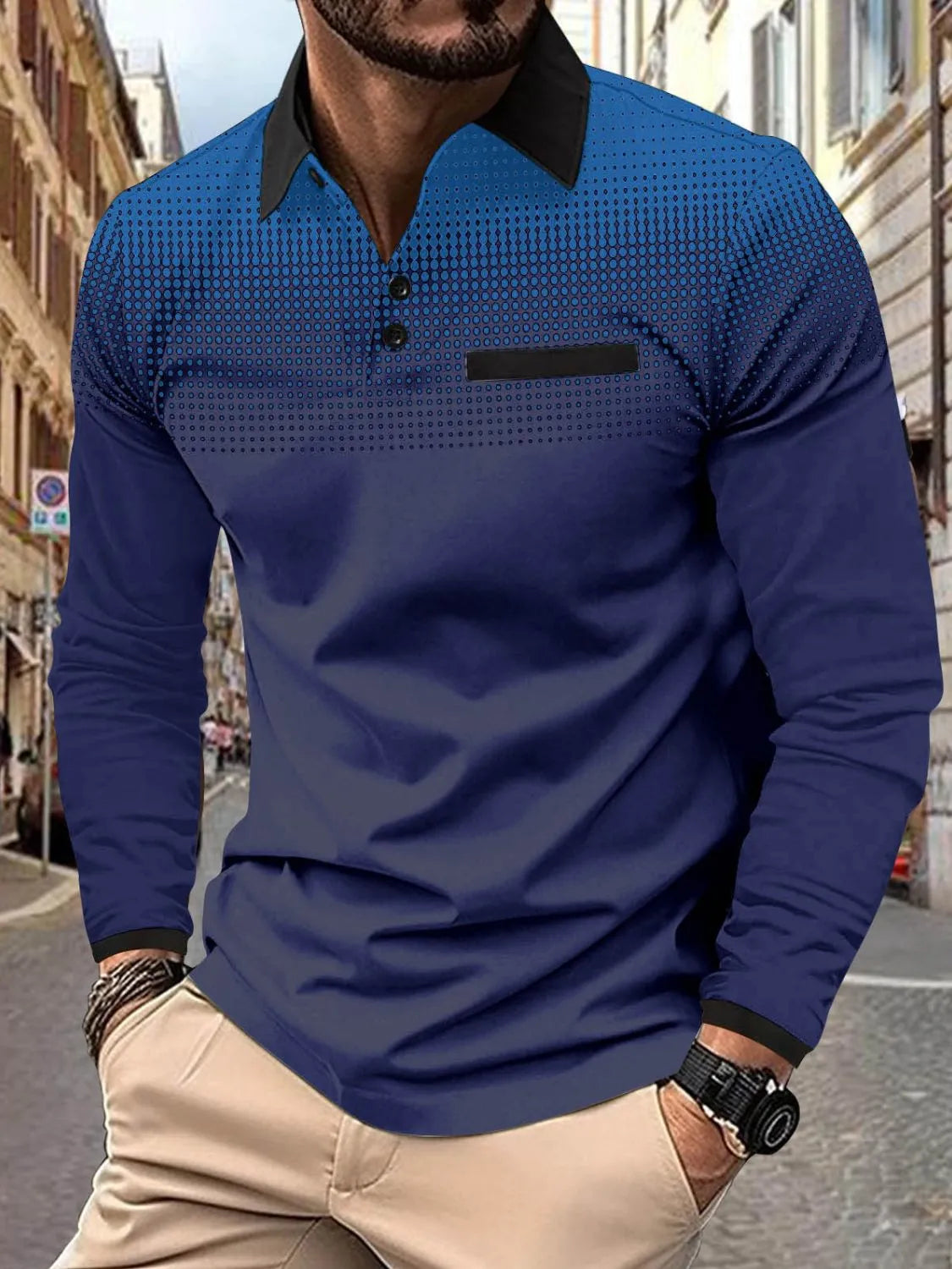 Long sleeve polo shirt with gradient dot print and black collar and pocket detail