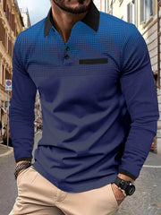 Long sleeve polo shirt with gradient dot print and black collar and pocket detail