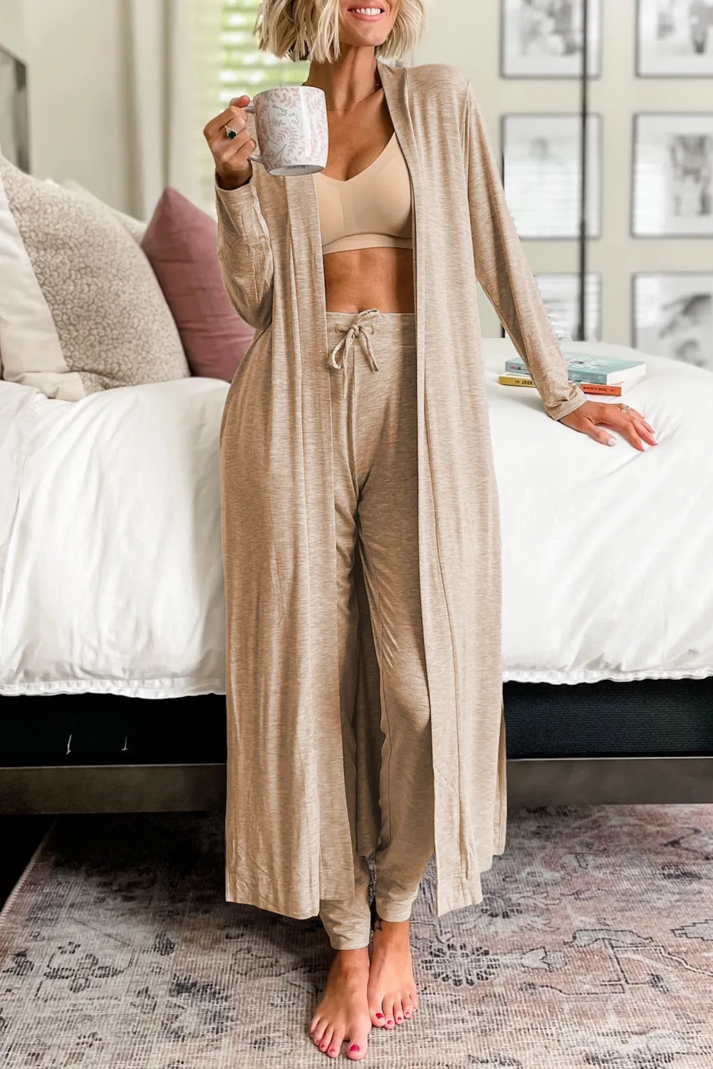Tan duster cardigan and jogger set with drawstring waist, styled with a bralette.