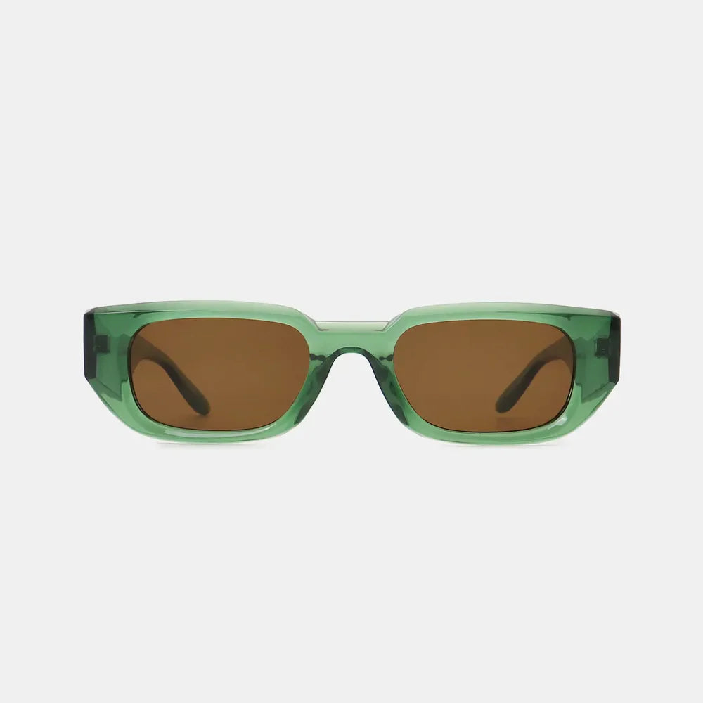 Green acetate angular sunglasses with brown lenses and a chunky frame.