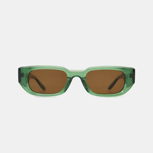 Green acetate angular sunglasses with brown lenses and a chunky frame.