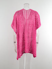 Hot Pink open-knit V-neck beach cover-up with short sleeves and a lace pattern.