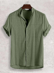 Army green textured band collar casual shirt with short sleeves and button front.
