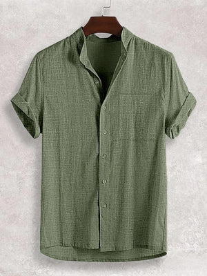 Army green textured band collar casual shirt with short sleeves and button front.