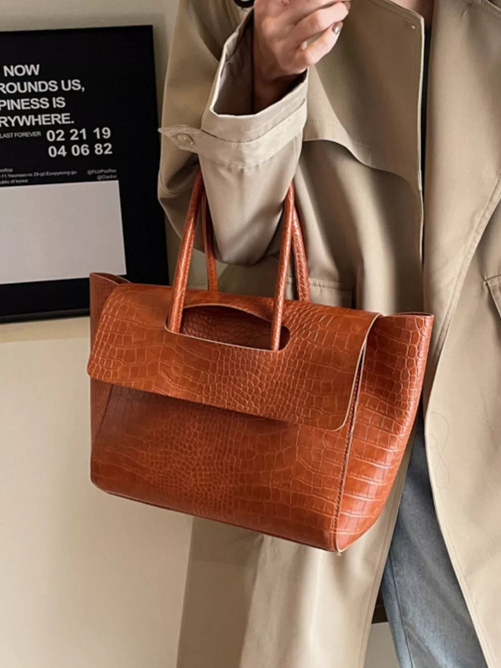Crocodile-embossed Shoulder Bag in Brown, side view