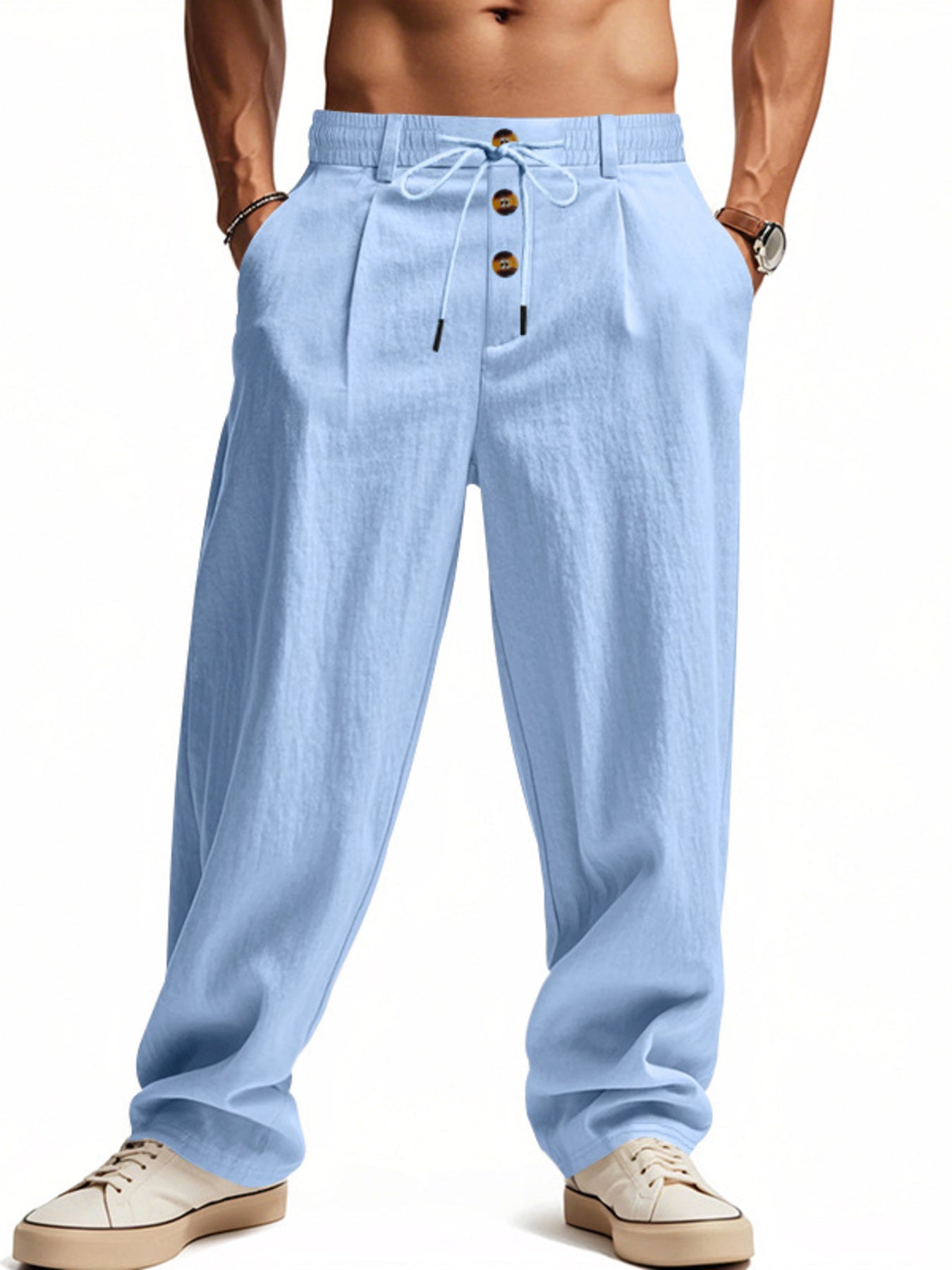 Men's light blue drawstring loose fit sweatpants with button detail