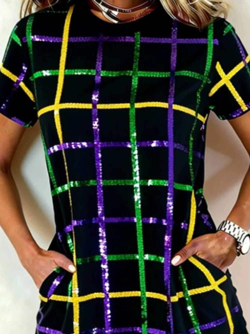 Full Size Plaid Short Sleeve Mini Dress in Multicolor, close-up detail
