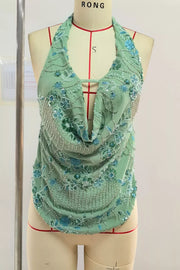 Bead-embellished Backless Halter Tank