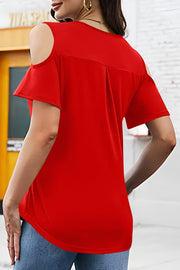 Red cold shoulder flutter sleeve top with back pleats