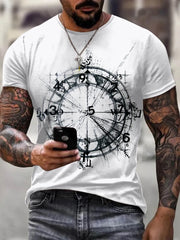 White graphic t-shirt with artistic compass design and short sleeves.