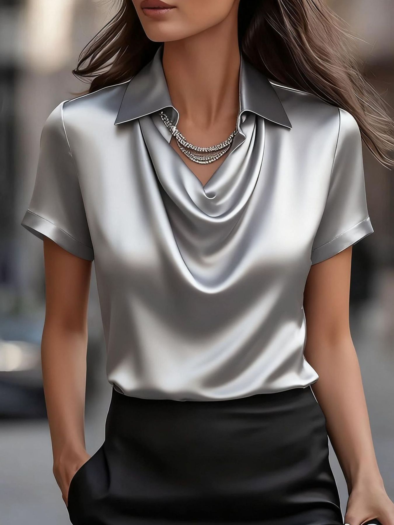 Luxurious grey satin cowl neck maternity shirt with short sleeves and a draped neckline.