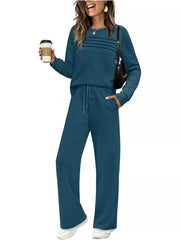 Casual Long Sleeve Crewneck Top & Drawstring Pants Set