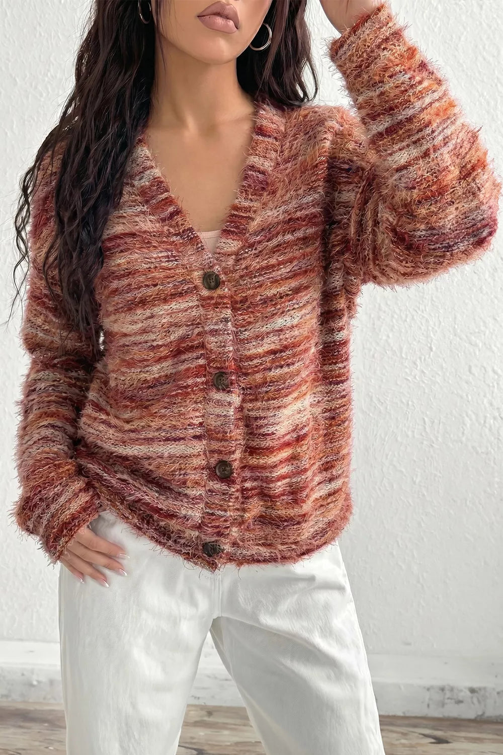 Fuzzy Striped Button Front Cardigan Sweater in Rust, close-up detail