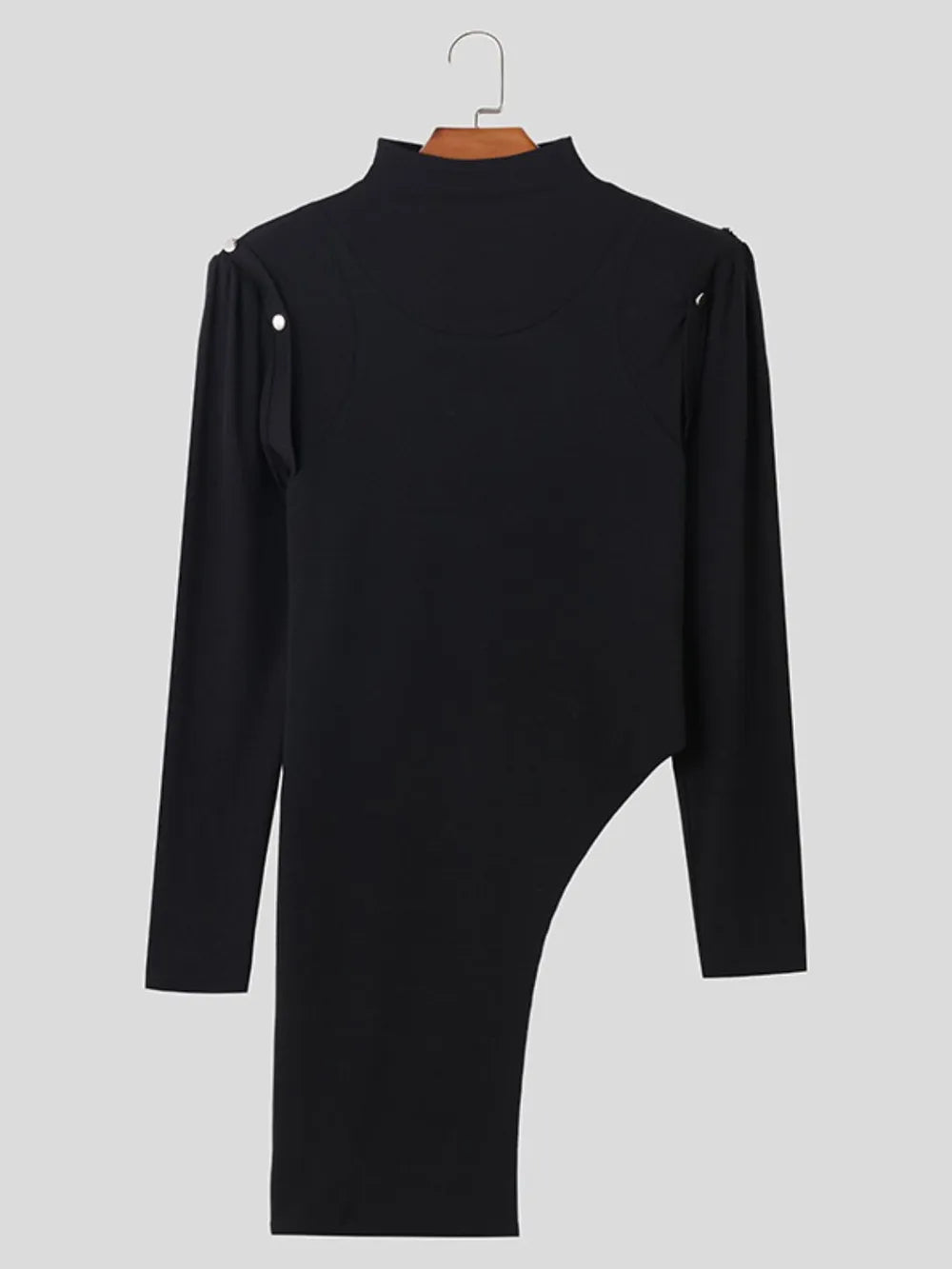 Black ribbed cutout top with mock neck and detachable sleeves.