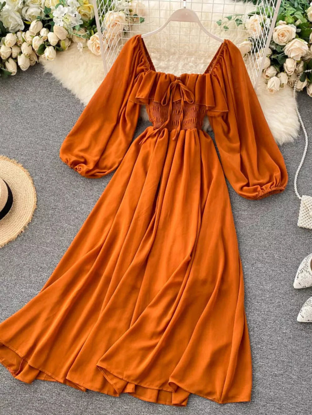 Orange Red ruffled square neck maternity dress with balloon sleeves and a-line skirt