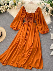 Orange Red ruffled square neck maternity dress with balloon sleeves and a-line skirt