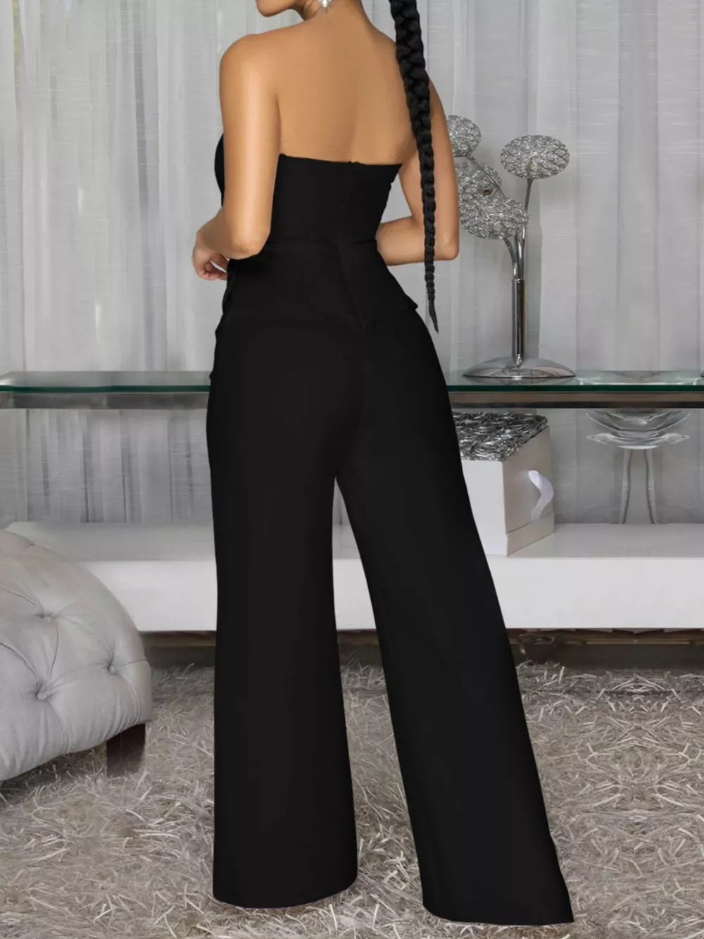 Tube Wide Leg Jumpsuit in Black, fabric detail