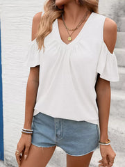 White ruched cold shoulder t-shirt with V-neck and flutter sleeves.