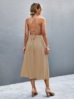 Khaki midi dress with button-down front and crisscross back straps