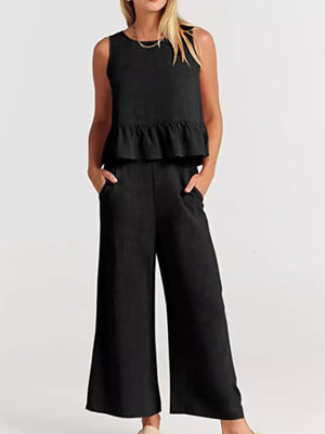 Ruffled Hem Sleeveless Top And Wide-leg Pants Set Plus Size in Black, product detail