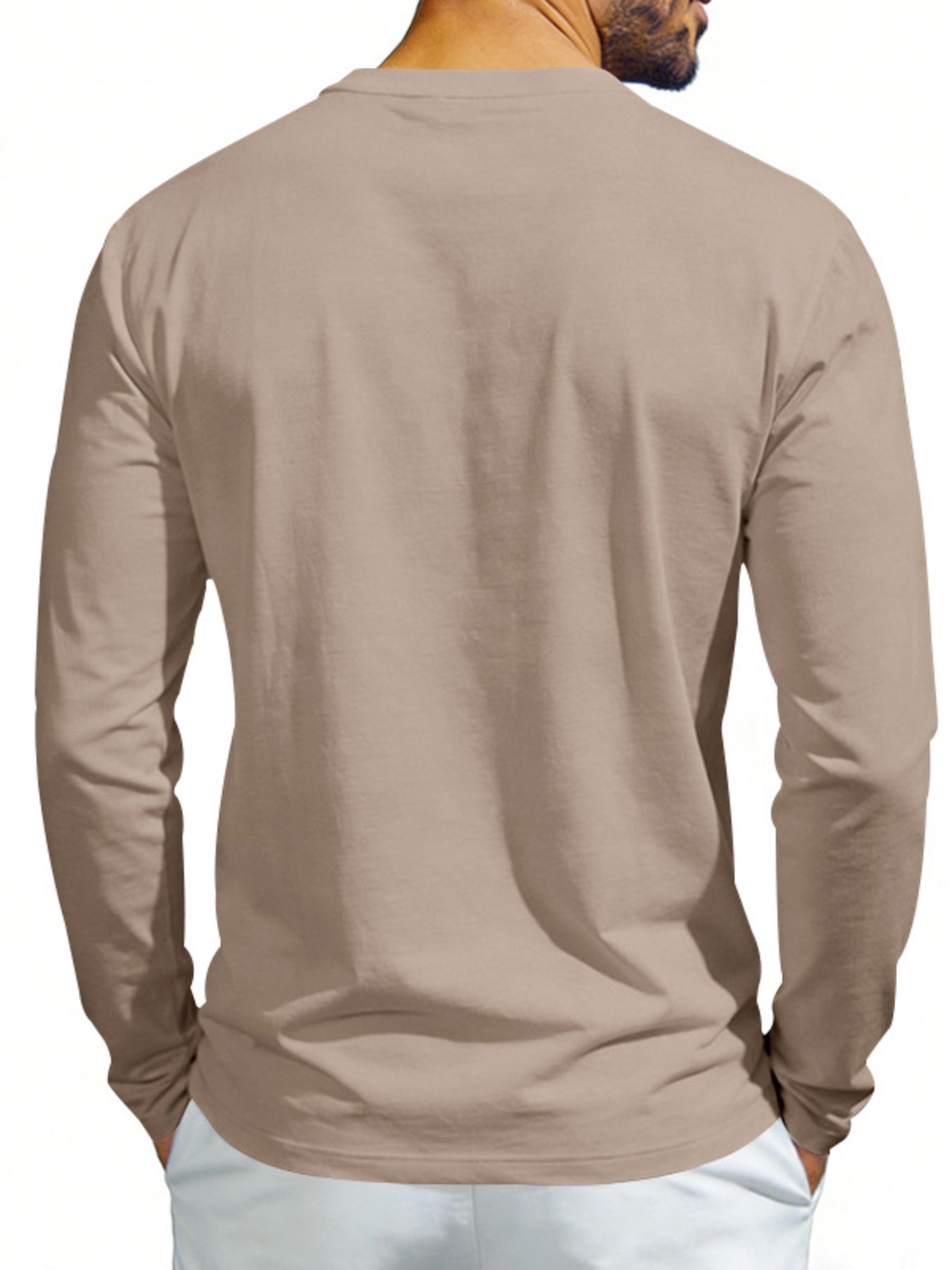 Plus size khaki long sleeve t-shirt with crew neck and button detail.