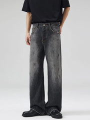 Men's Vintage Wash Flare Jeans Plus Size in Dark Gray, back view
