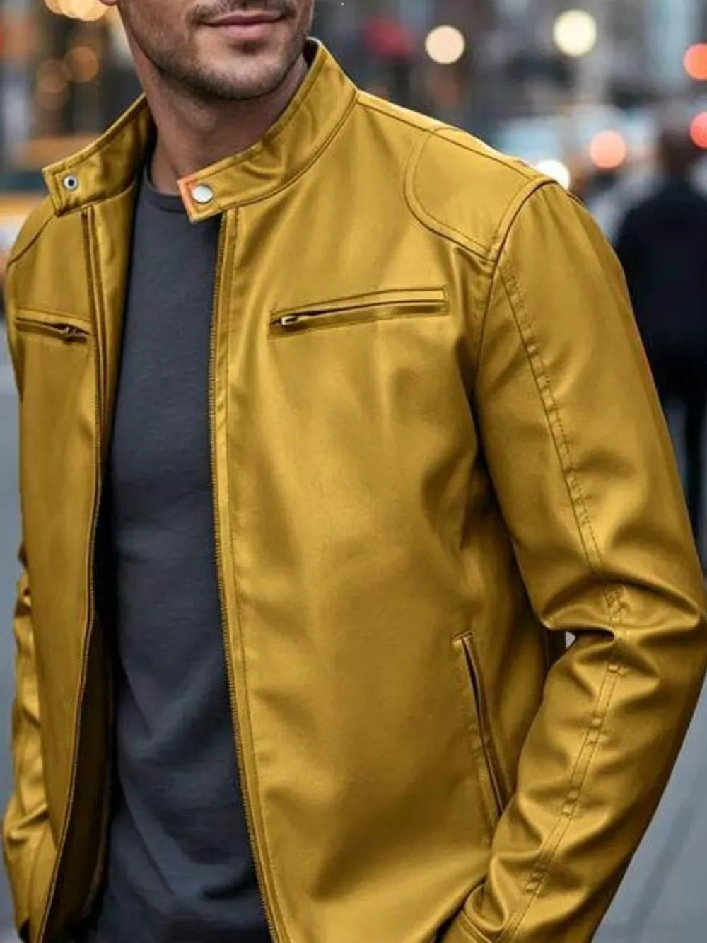 Men's Full Size Faux Leather Bomber Jacket, fit detail