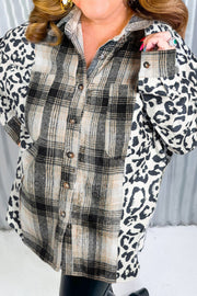 Plaid & leopard panel shacket in dark gray with button front and chest pockets.