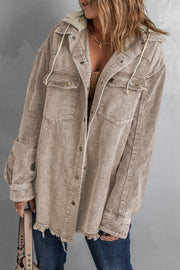 Tan corduroy utility jacket with hood, button front, chest pockets, and frayed hem.