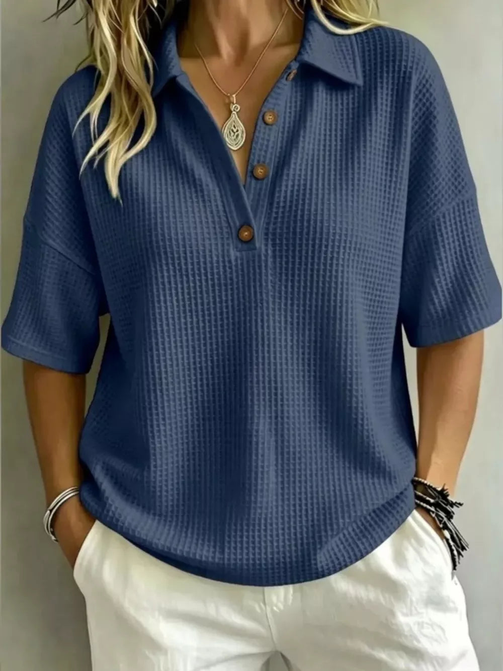 Full Size Waffle Knit Polo Top Plus Size, product detail
