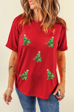 Red cotton blend t-shirt with allover sequin Christmas tree motif.