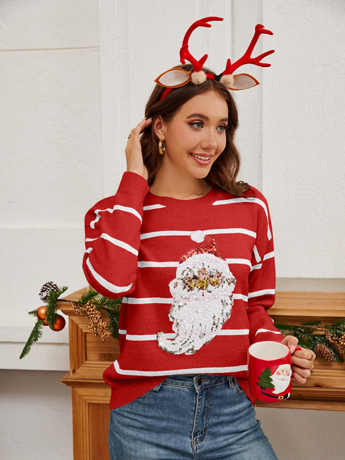 Red sequin Santa stripe knit jumper with crew neck and long sleeves.