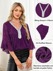 Purple sequin V-neck blouse with 3/4 ruffled sleeves and silver trim