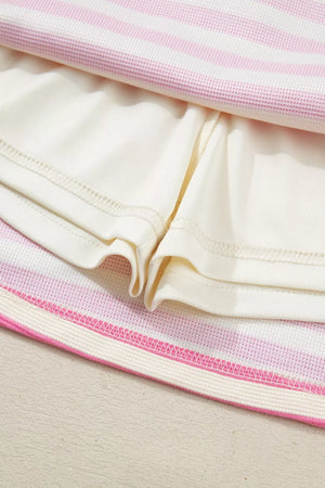 White and pink striped bikini bottoms with cream shorts detail