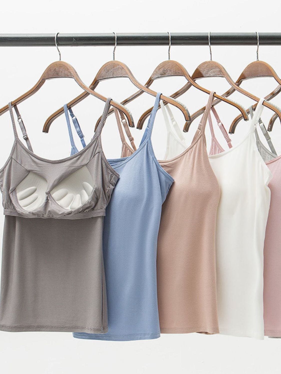 Built-in support camisoles in gray, light blue, mocha, white, and dusty pink.