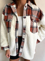 Plaid & Sherpa Hybrid Shacket in Brown with button details and chest pockets.
