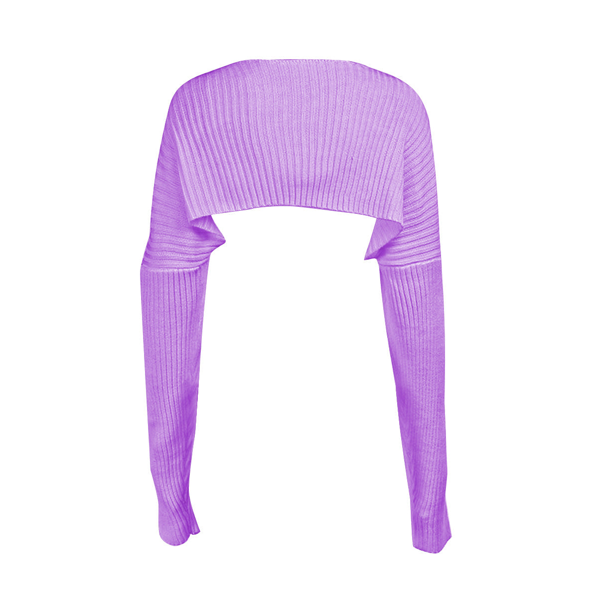 Lavender ribbed knit shrug with extended sleeves and a cropped fit